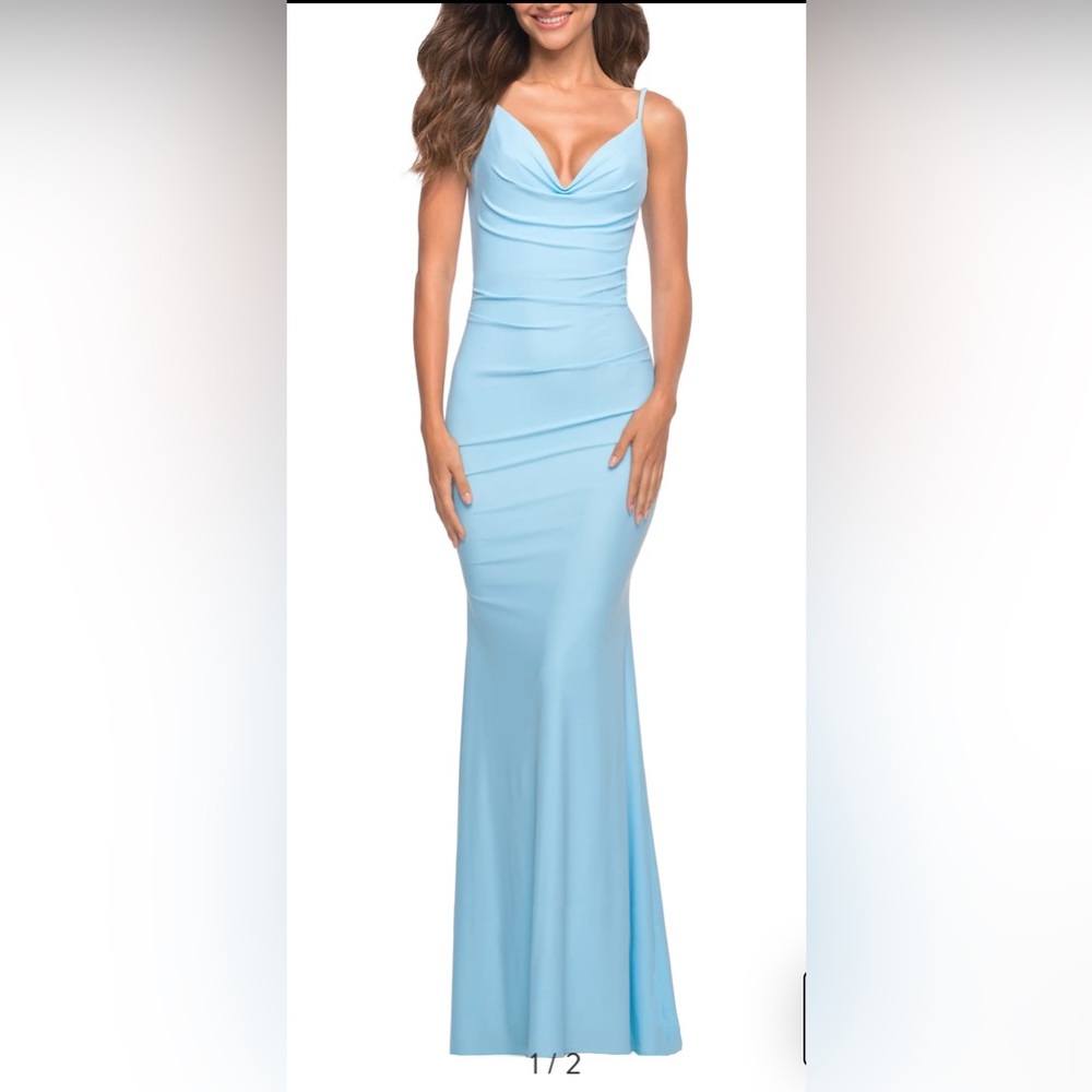 La Femme Strappy Back Ruched Trumpet Gown